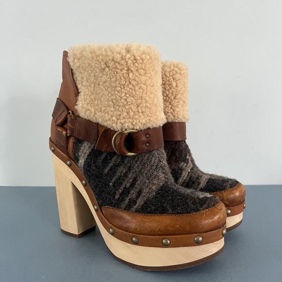 Woolrich x Anthropologie Artist Wool Shearling Platform Wood Heel Booties - Picture 1 of 9